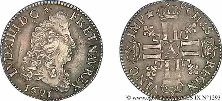 LOUIS XIV  THE SUN KING  Quart d écu aux huit L, 1er type 1691 Paris XF