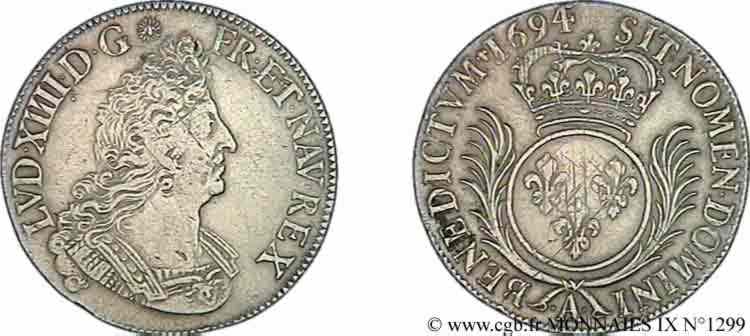 LOUIS XIV &nbsp;THE SUN KING&nbsp; Demi-écu aux palmes 1694 Paris AU