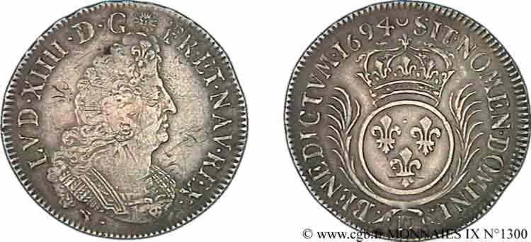 LOUIS XIV  THE SUN KING  Demi-écu aux palmes 1694 Lyon VF/XF