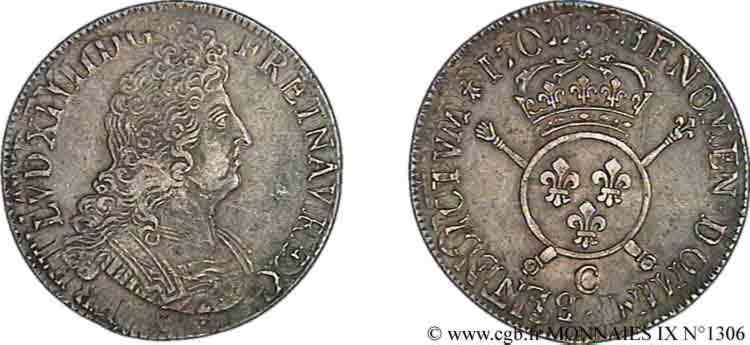 LOUIS XIV LE GRAND OU LE ROI SOLEIL Écu aux insignes 1702 Caen TTB+