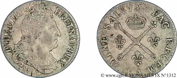 LOUIS XIV LE GRAND OU LE ROI SOLEIL Vingt sols aux insignes 1707 Paris TTB