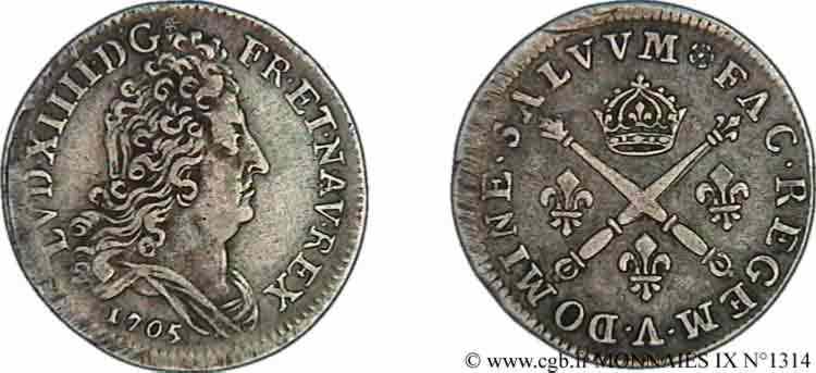LOUIS XIV  THE SUN KING  Dix sols aux insignes 1705 Paris XF