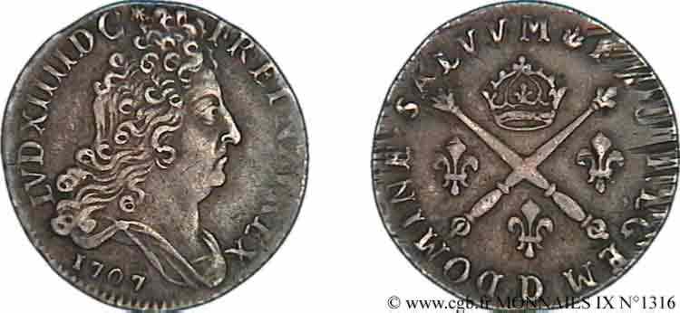 LOUIS XIV LE GRAND OU LE ROI SOLEIL Dix sols aux insignes 1707 Lyon TTB