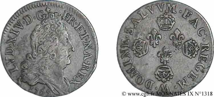 LOUIS XIV &nbsp;THE SUN KING&nbsp; Dix sols aux quatre couronnes 1705 Metz XF