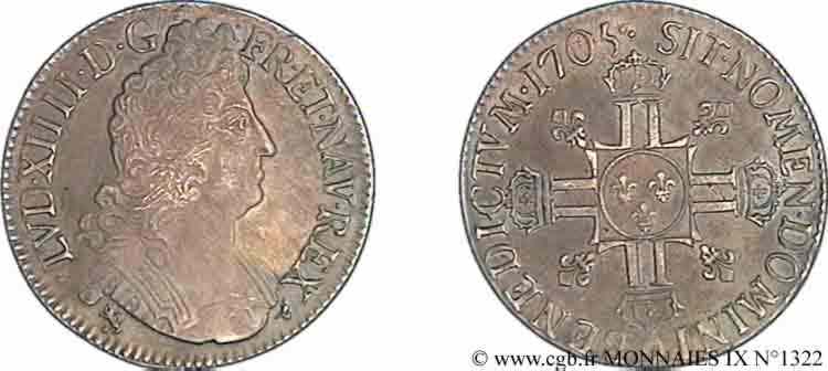 LOUIS XIV  THE SUN KING  Écu aux huit L, 2e type 1705 Rennes XF