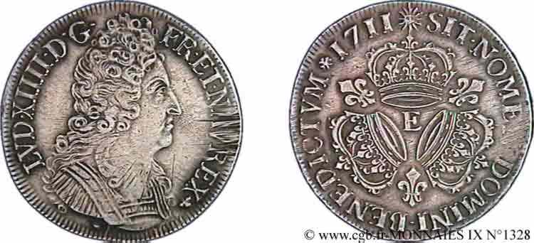 LOUIS XIV LE GRAND OU LE ROI SOLEIL Écu aux trois couronnes 1711 Tours TTB