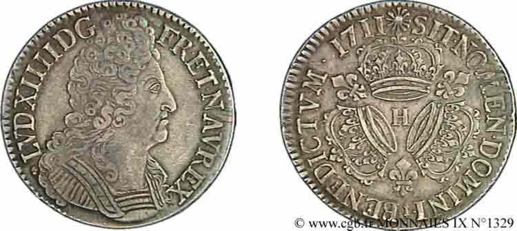 LOUIS XIV  THE SUN KING  Écu aux trois couronnes 1711 La Rochelle q.SPL