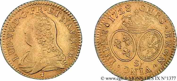 LOUIS XV DIT LE BIEN AIMÉ Louis d or aux écus ovales, buste habillé 1728 Reims SUP