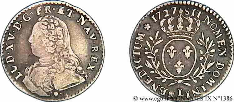 LOUIS XV  THE WELL-BELOVED  Dixième d’écu aux branches d’olivier, buste habillé 1727 Bayonne BB