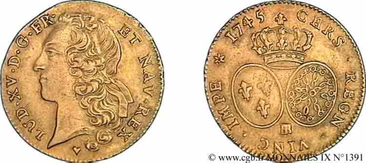 LOUIS XV  THE WELL-BELOVED  Double louis d’or aux écus ovales, tête ceinte d’un bandeau 1745 Strasbourg fVZ