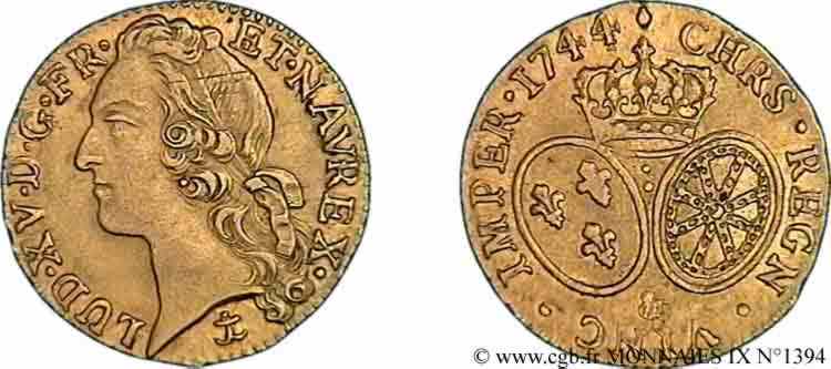 LOUIS XV  THE WELL-BELOVED  Louis d’or aux écus ovales, tête ceinte d’un bandeau 1744 Aix-en-Provence fVZ