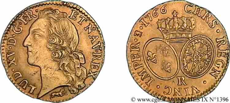 LOUIS XV  THE WELL-BELOVED  Louis d’or aux écus ovales, tête ceinte d’un bandeau 1766 Orléans AU