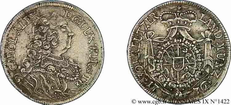 GERMANY - DUCHY OF WURTEMBERG - CHARLES I ALEXANDER 30 kreutzers, demi-gulden ou tiers de thaler 1736 Stuttgart AU