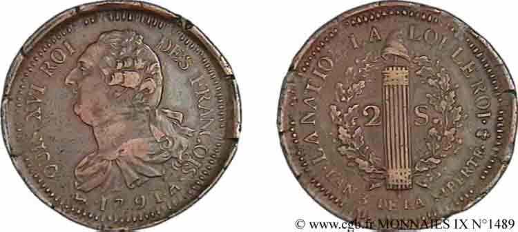 LOUIS XVI 2 sols dit  au faisceau , type FRANÇOIS 1791 Paris SPL