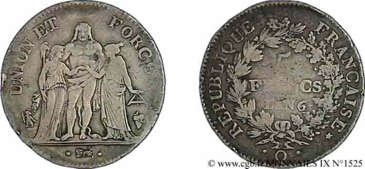 5 francs Union et Force, Union serré, avec glands intérieurs et gland extérieur 1798 Perpignan F.288/81 TB 
