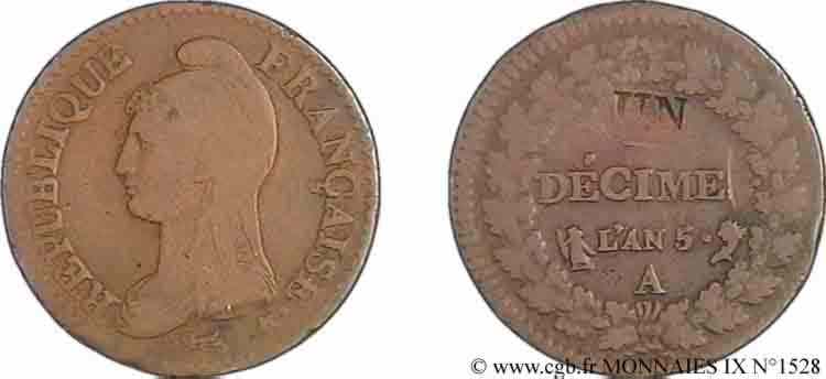 Un décime Dupré, modification du 2 décimes 1797 Paris F.127/5 VF 