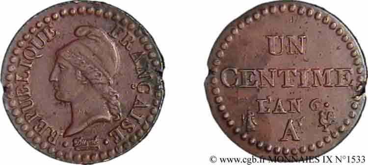 Un centime Dupré, petit 6 1798 Paris F.100/2 AU 