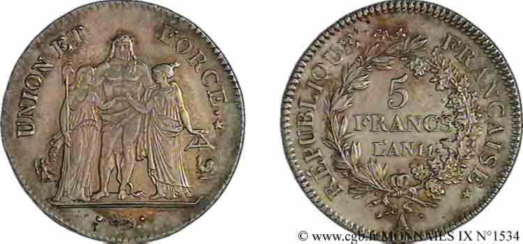 5 francs Union et Force avec glands 1803 Paris F./ EBC 