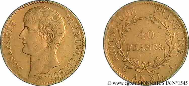 40 francs or Bonaparte premier Consul 1803 Paris F.536/1 BB 