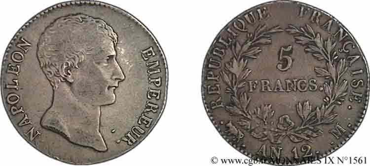 5 francs Napoléon empereur, type intermédiaire 1804 Toulouse F.302/8 XF 