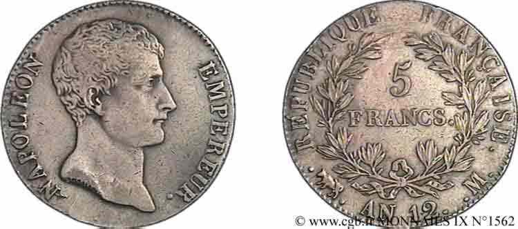 5 francs Napoléon empereur, type intermédiaire 1804 Toulouse F.302/8 XF 