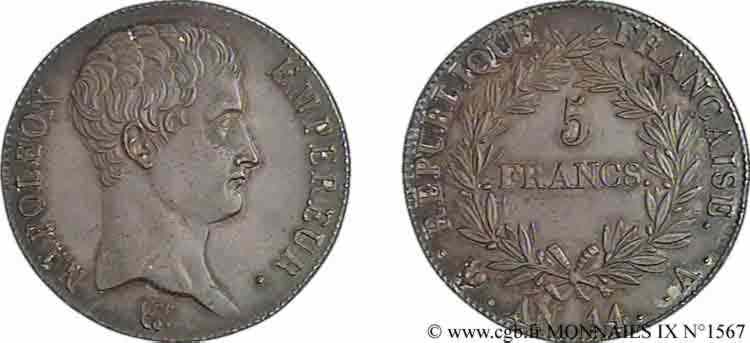 5 francs Napoléon empereur calendrier révolutionnaire 1805 Paris F.303/19 MS 