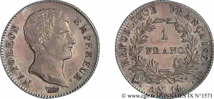 1 franc Napoléon empereur, calendrier révolutionnaire 1805 Paris F.201/29 MS 