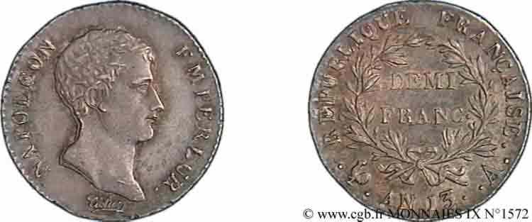 Demi-franc Napoléon empereur, calendrier révolutionnaire 1805 Paris F.174/10 SUP 