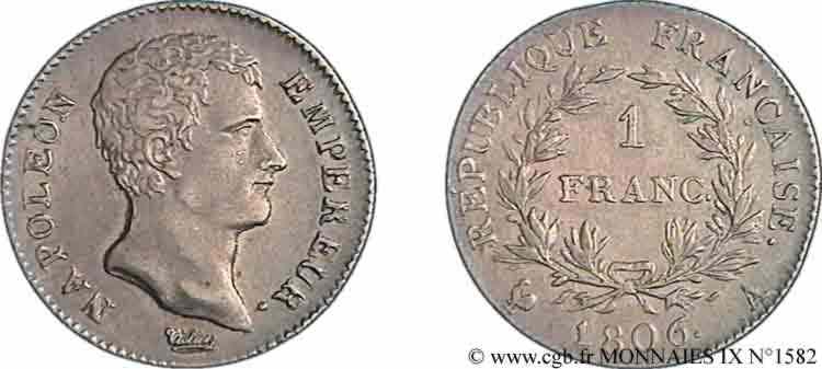 1 franc Napoléon empereur, calendrier grégorien 1806 Paris F.202/1 EBC 