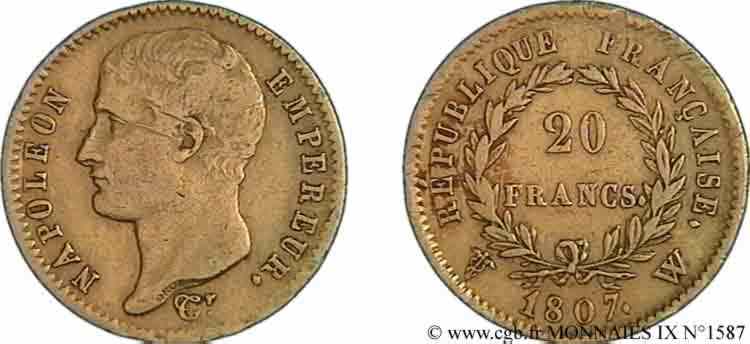 20 francs Napoléon tête nue, type transitoire 1807 Lille F.514/4 VF 