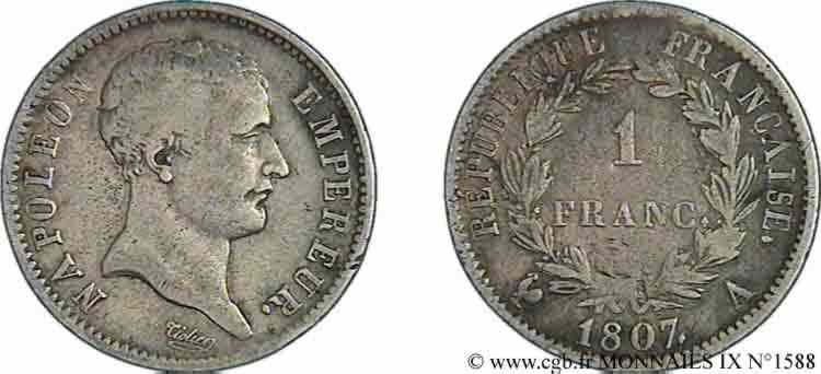 1 franc Napoléon empereur, tête de nègre 1807 Paris F.203/1 MB 
