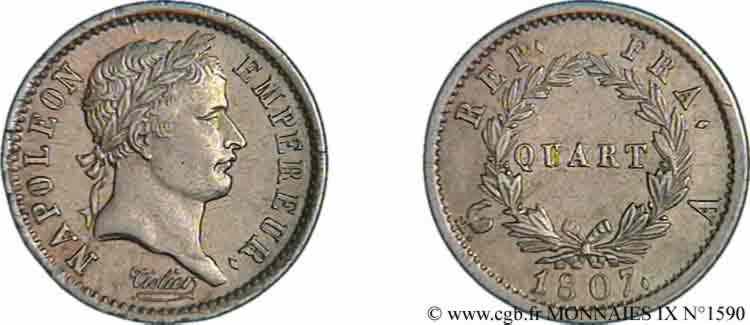Quart de franc Napoléon tête laurée, République française 1807 Paris F.161/1 SUP 