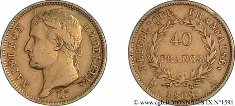40 francs Napoléon Ier tête laurée, République française 1808 Paris F.540/2 XF 