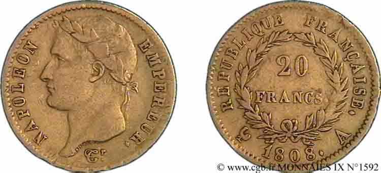 20 francs Napoléon tête laurée, République française, désaxé 1808 Paris F.515/2 MB 