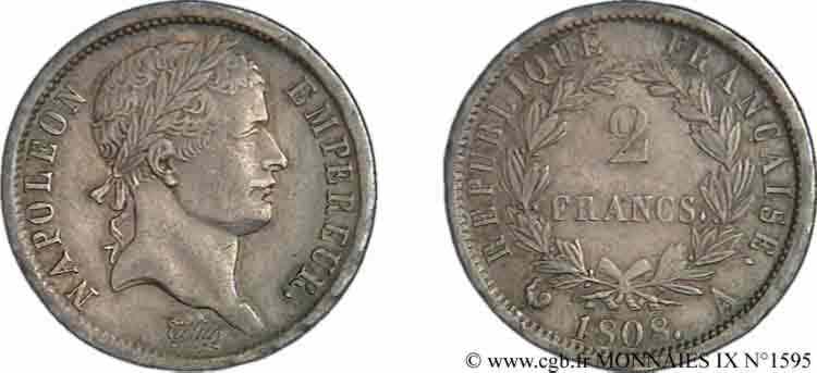 2 francs Napoléon Ier tête laurée, République française 1808 Paris F.254/4 TTB 