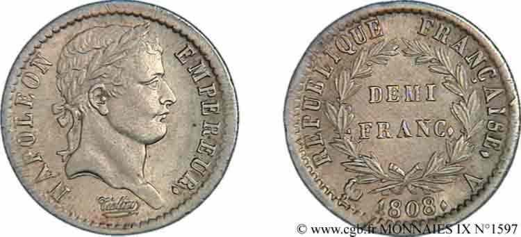 Demi-franc Napoléon Ier tête laurée, République française 1808 Paris F./ VZ 