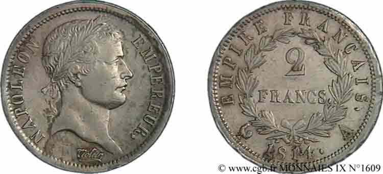 2 francs Napoléon Ier tête laurée, Empire français 1814 Paris F.255/67 SUP 