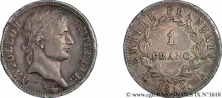 1 franc Napoléon Ier tête laurée, Empire français 1812 Paris F.205/42 SS 