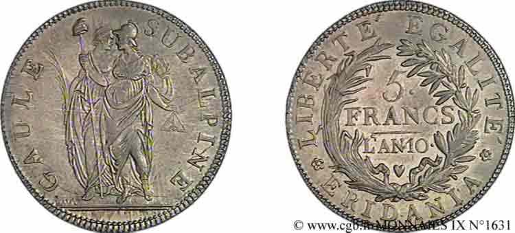 ITALIA - GALIA SUBALPINA 5 francs 1802 Turin AU 