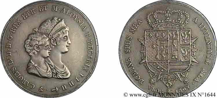 ITALY - KINGDOM OF ETRURIA - CHARLES-LOUIS and MARIE-LOUISE Dena ou 10 lires 2e type 1807 Florence AU 