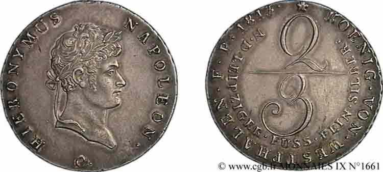 GERMANY - KINGDOM OF WESTPHALIA - JÉRÔME NAPOLÉON 2/3 thaler ou gulden 1812 Clausthal AU 