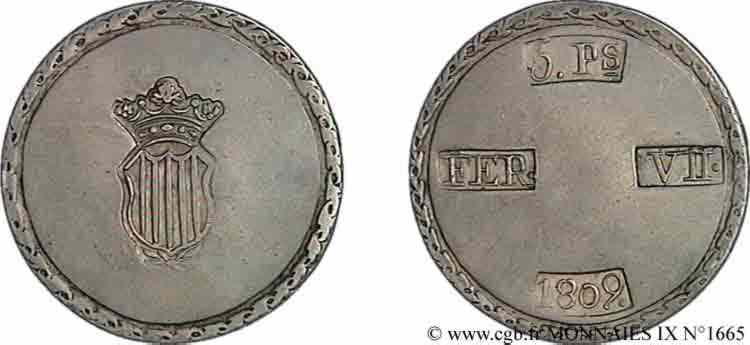 SPAIN - FERDINAND VII - SIEGE OF TARRAGONE 5 pesetas, monnaie obsidionale 1809 Tarragone BB 