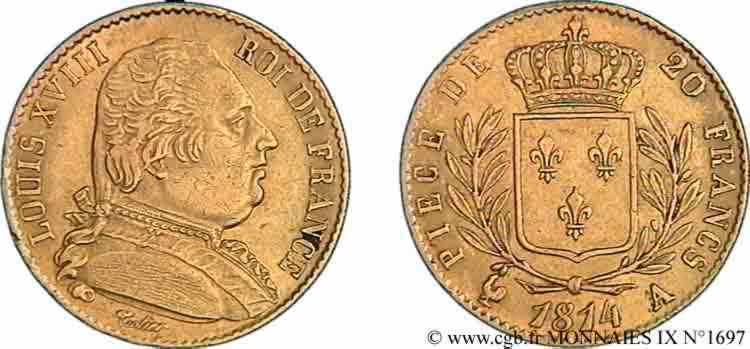 20 francs or Louis XVIII, buste habillé 1814 Paris F.517/2 MBC 