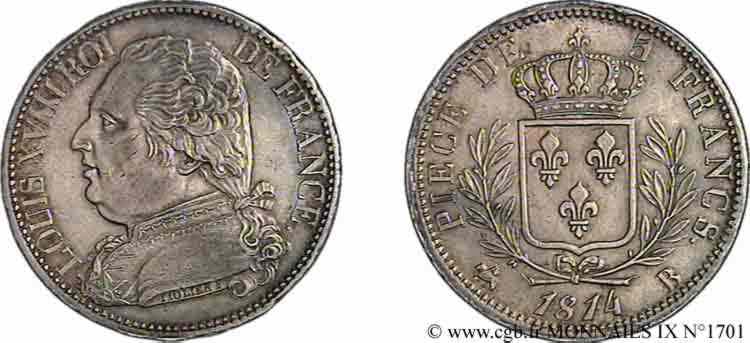 5 francs Louis XVIII, buste habillé 1814  Rouen F.308/2 EBC 