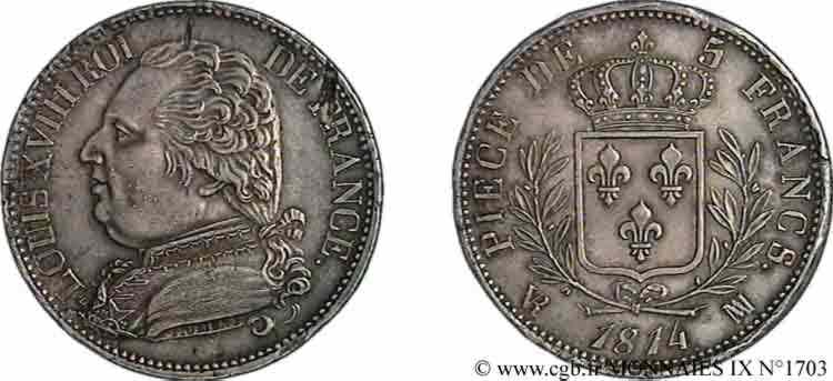 5 francs Louis XVIII, buste habillé 1814  Marseille F.308/10 EBC 