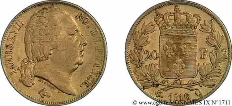 20 francs or Louis XVIII, tête nue 1816 Perpignan F.519/3 MBC 