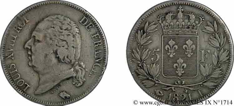 5 francs Louis XVIII, tête nue 1821 Limoges F.309/64 S 