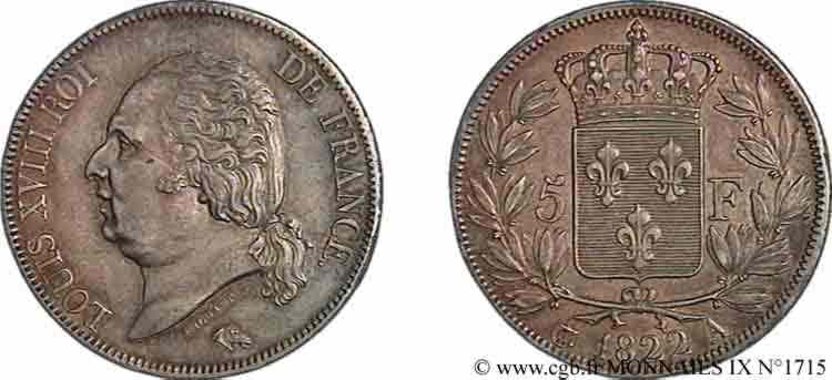 5 francs Louis XVIII, tête nue 1822 Paris F.309/68 SPL 