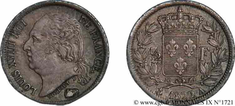 1/2 franc Louis XVIII 1822 Paris F.179/30 AU 
