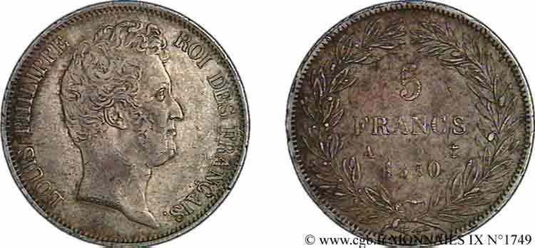 5 francs type Tiolier sans le I, tranche en relief 1830  Paris F.314/1 BB 